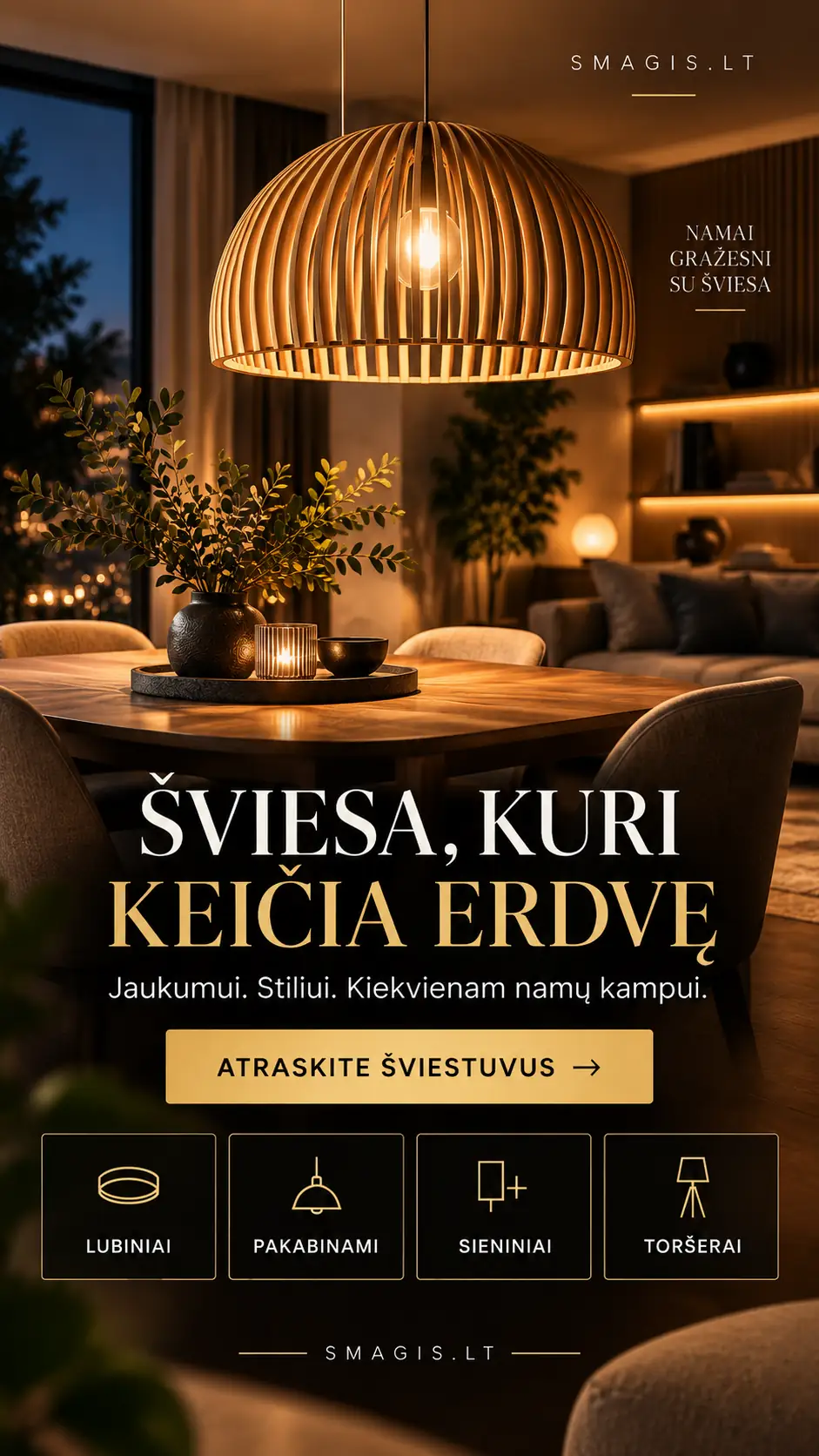 Šviestuvai ir apšvietimo įranga – lubiniai, pakabinami, sieniniai šviestuvai ir toršerai